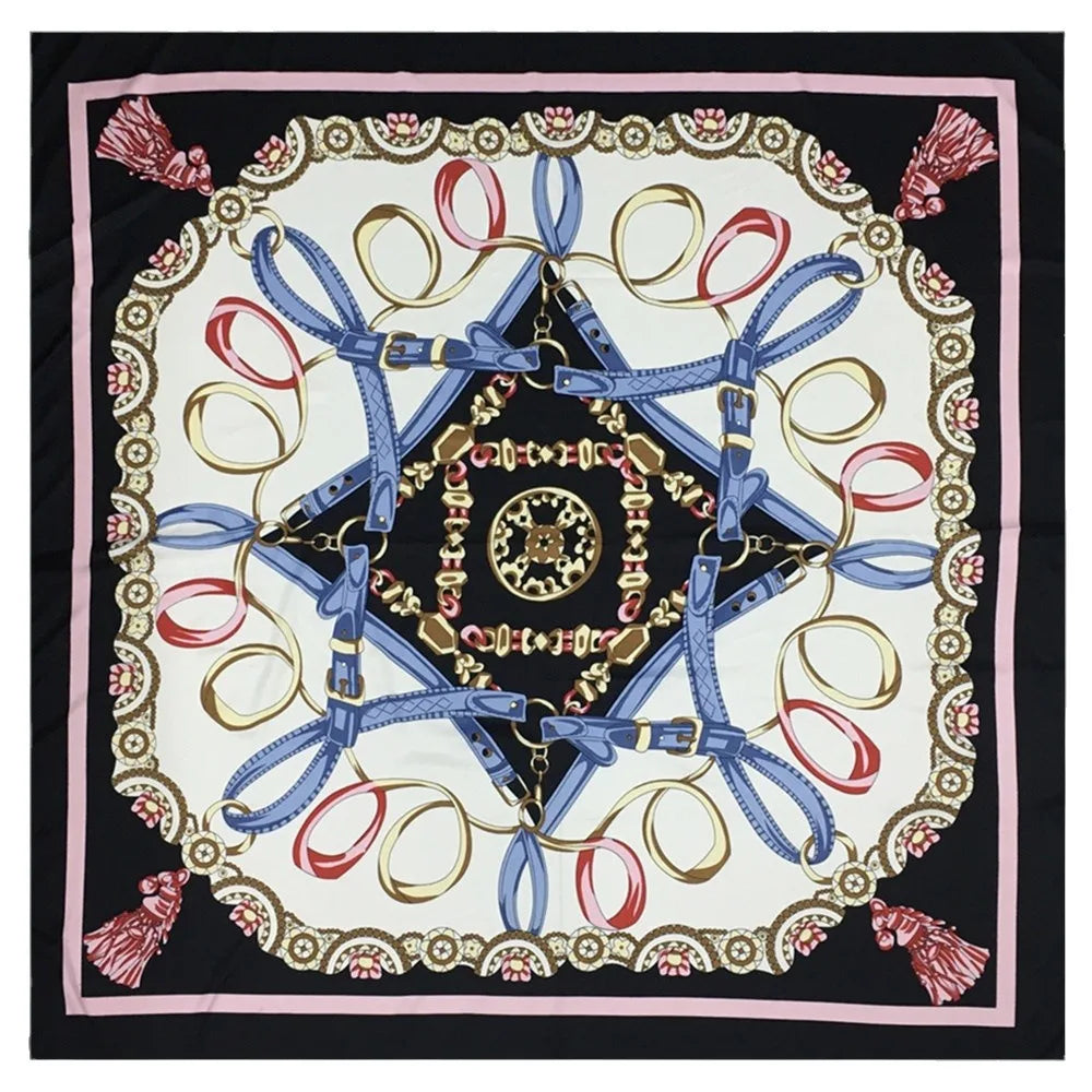 Grand foulard carré à motifs chaînes et brides – 130 × 130 cm