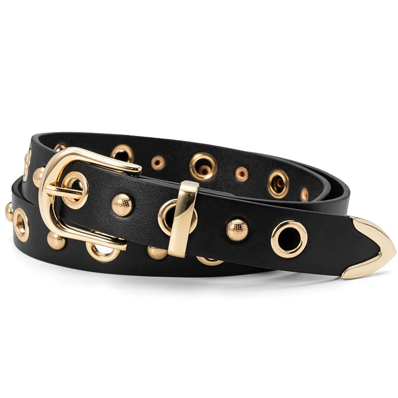 Ceinture femme en cuir PU – Rivets Dorés,Boucle Alliage, Style Fashion