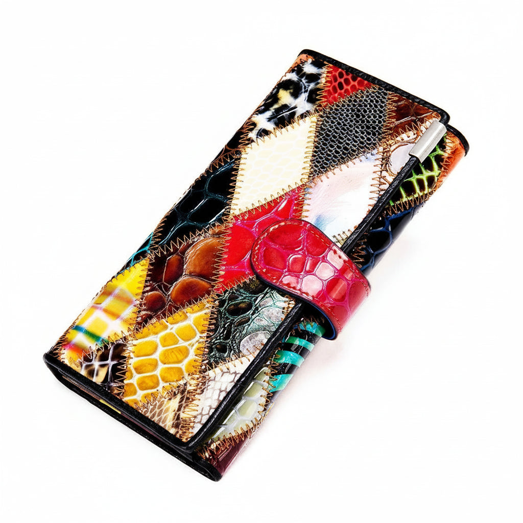 Portefeuille clutch cuir véritable Femme-Patchwork Vintage & Multi-compartiments MYNELIA