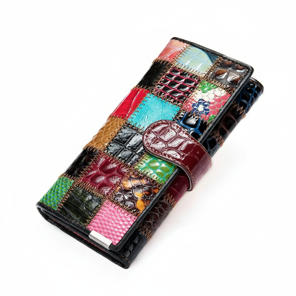Portefeuille clutch cuir véritable Femme-Patchwork Vintage & Multi-compartiments MYNELIA