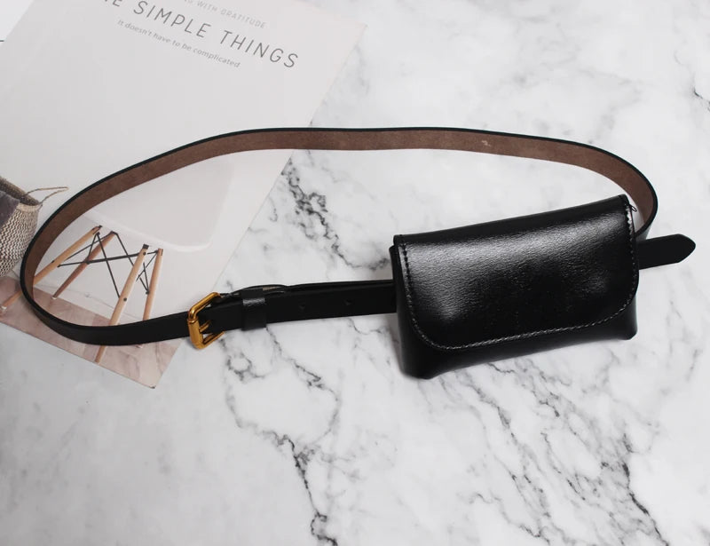 Ceinture cuir véritable avec pochette – Style Coréen Minimaliste