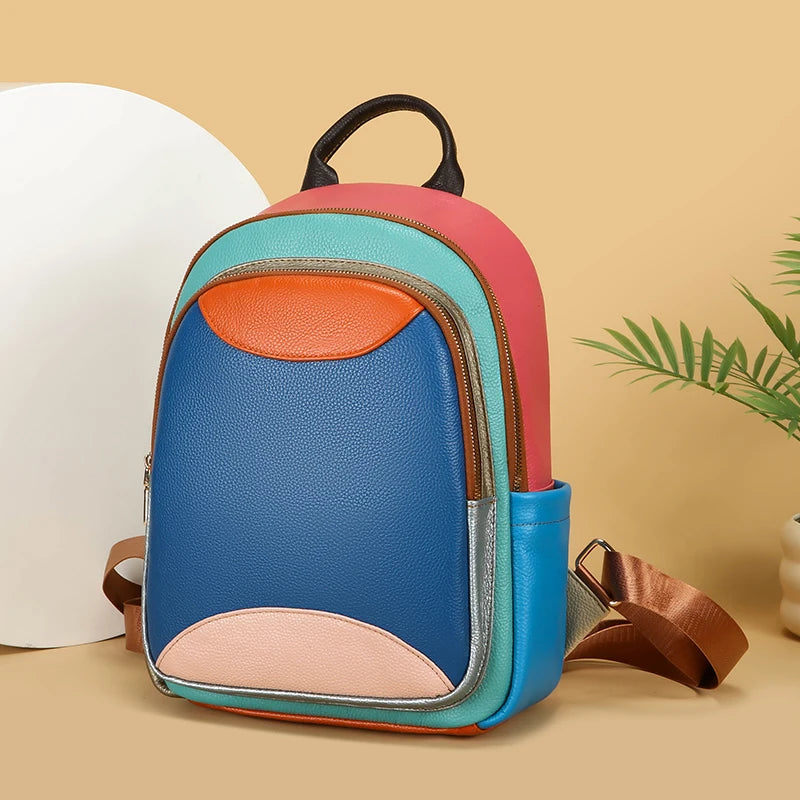 Sac à dos Cuir Véritable Patchwork Coloré – Multi-Poches