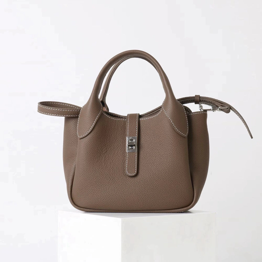 2026 Neue hochwertige Damen-Eimertasche aus Rindsleder, kleine Schulter-Umhängetasche, elegante Pendlerhandtasche für Damen, Grau