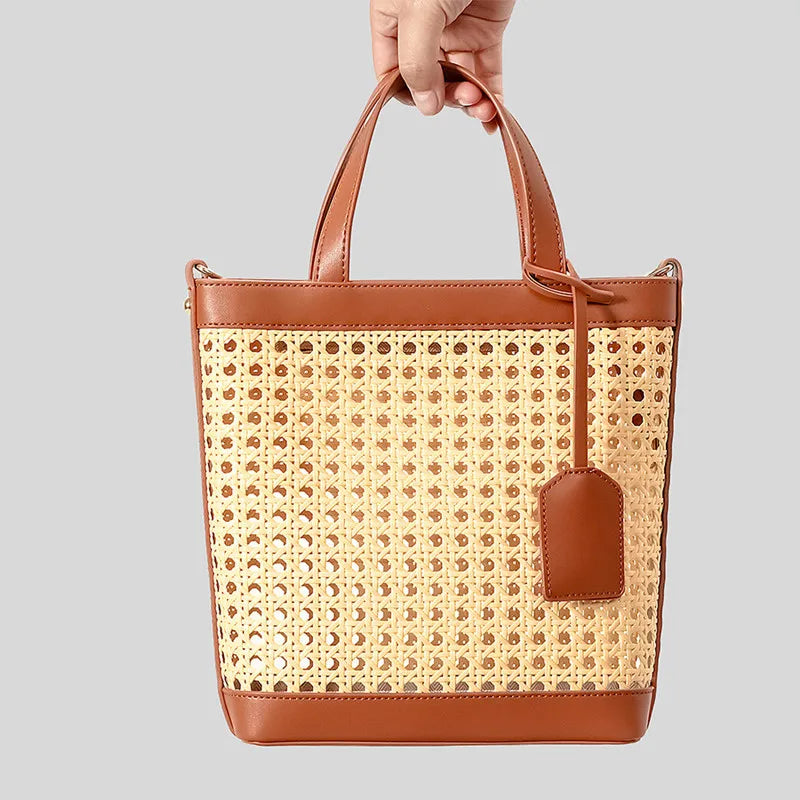 Einkaufstasche aus PU-Leder – Bohème-Rattan-Muster