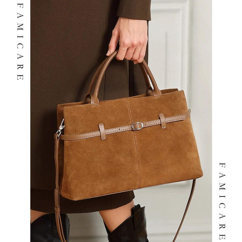 Oversized Suede Leather Briefcase Spacious Handheld Shoulder Crossbody Bag Women Slouchy Commuting Premium Light Luxury Handbag MYNELIA