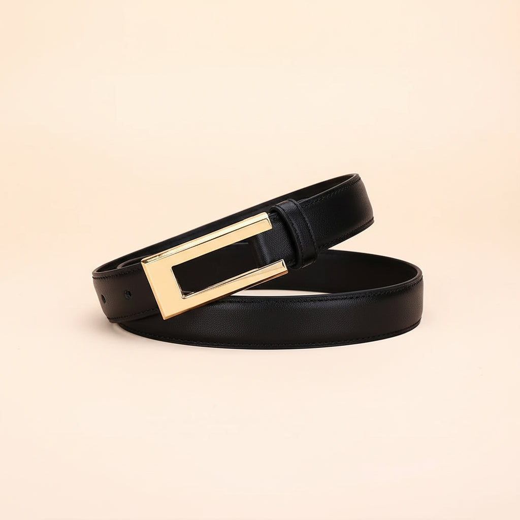 Ceinture Cuir Véritable Boucle Lisse Motif Géométrique