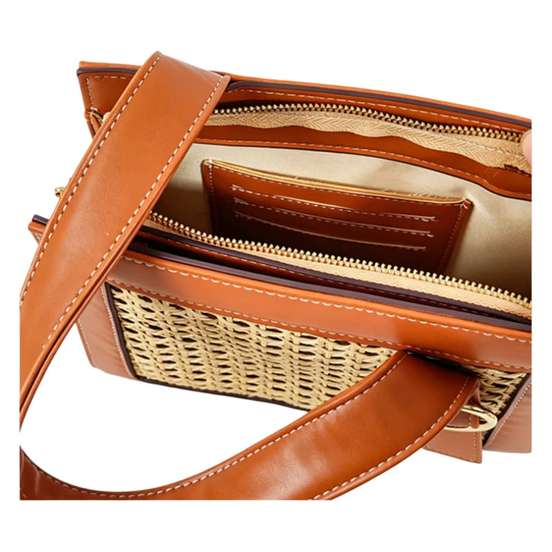 Sac à main tressé  –Bandoulière cuir & osier Style naturel