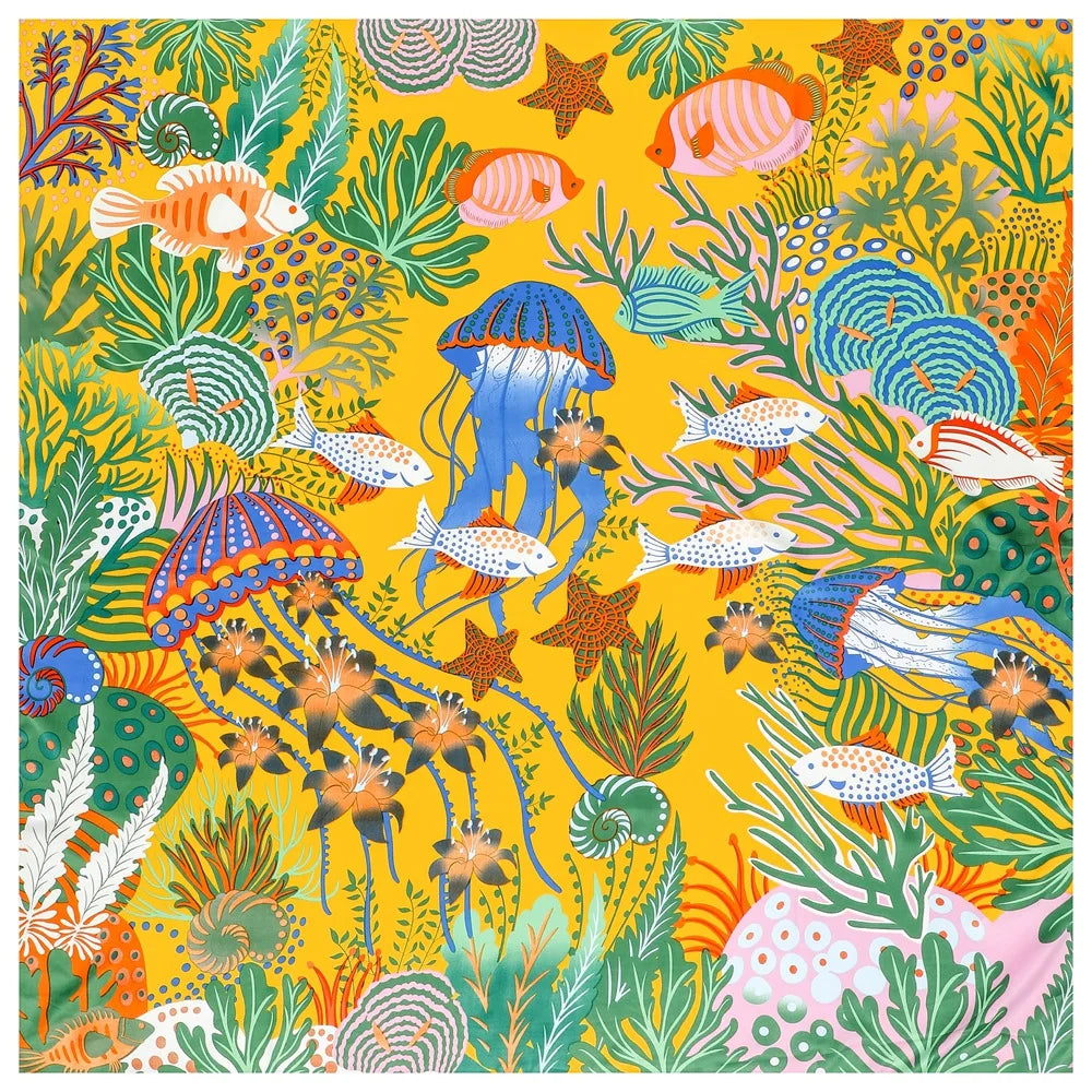 130*130cm 100% Twillseidentuch Frauen Quadratisches Bandana Schal Die Unterwasserwelt Bedruckte Schals Weiblicher Foulard Halstuch