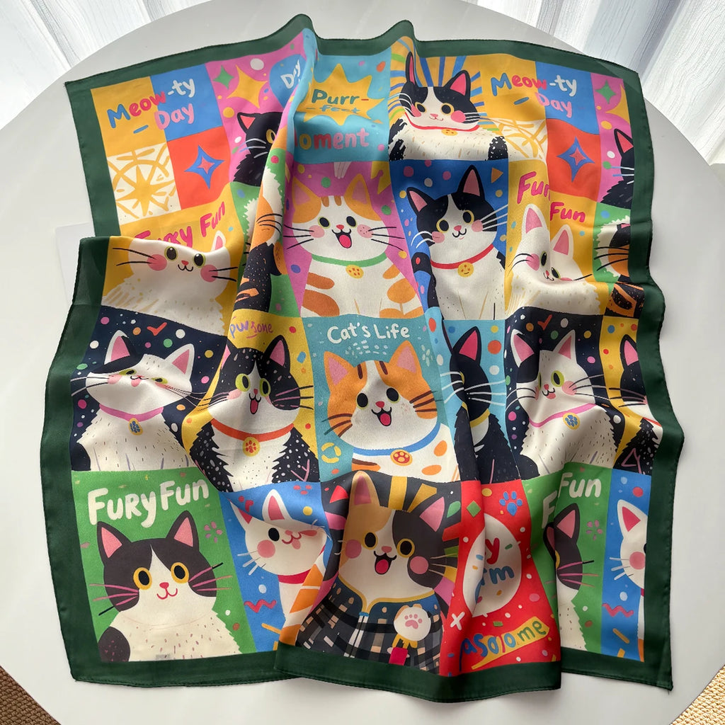 Imitation Seide Quadratischer Schal Frauen Tier Katze Bedruckte Modeaccessoires Haarband Foulard Bandana Halstuch