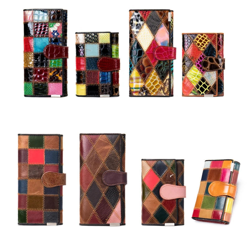 Portefeuille clutch cuir véritable Femme-Patchwork Vintage & Multi-compartiments MYNELIA