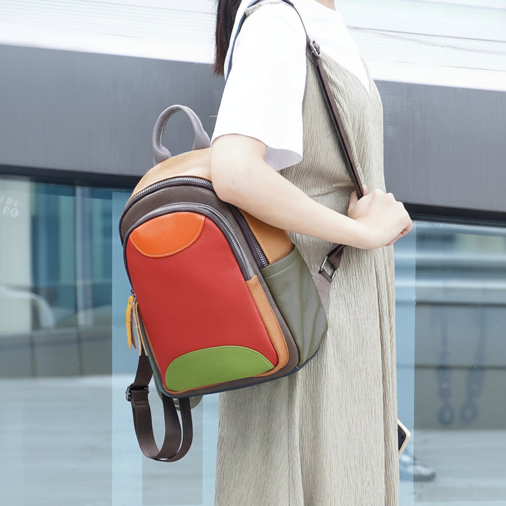 Leder-Patchwork-Rucksack – 7 Fächer & mehrfarbige Edition