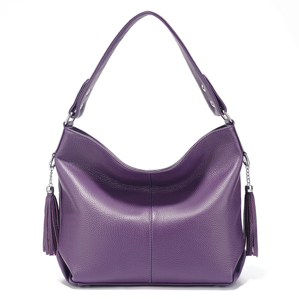Zency Fashion Soft Real Genuine Leather Tassel Women's Handbag Ladies Shoulder Tote Messenger Hobo Bag Satchel Purple Green MYNELIA