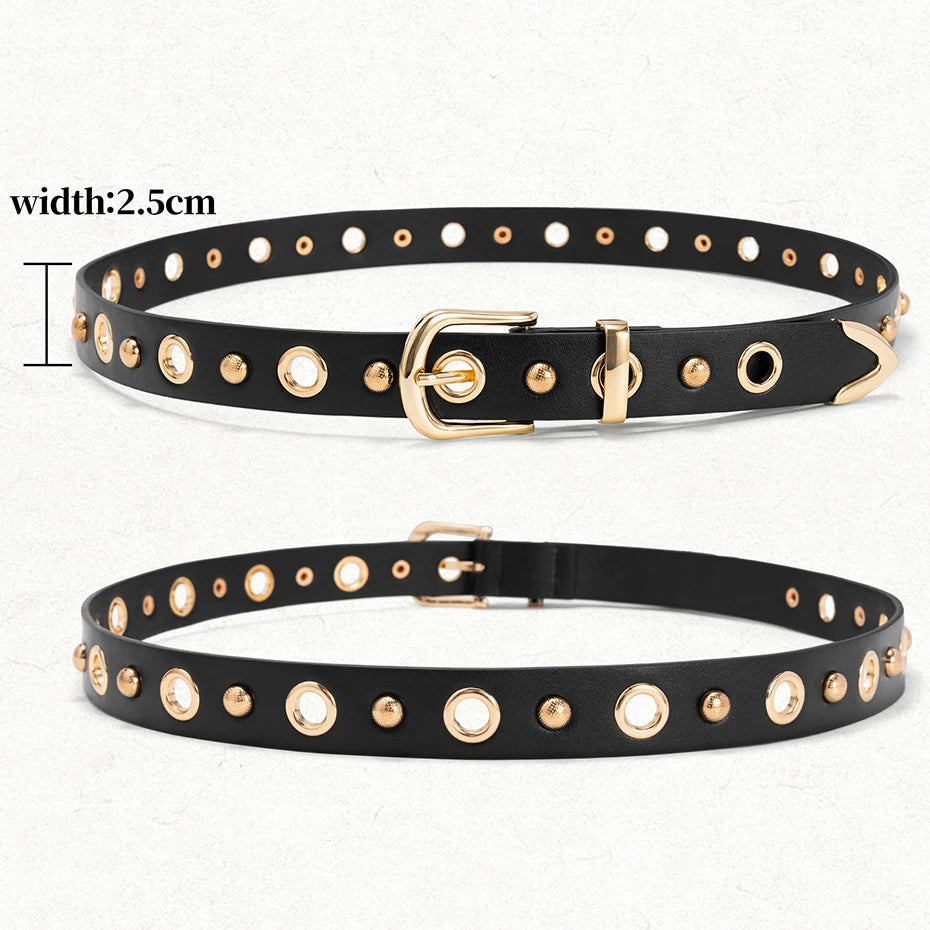 Ceinture femme en cuir PU – Rivets Dorés,Boucle Alliage, Style Fashion