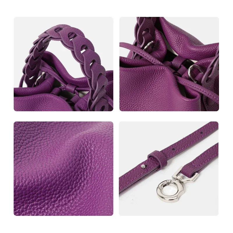 Sac seau cuir femme – Anse Tressée & Bandoulière réglable Style Casual Chic