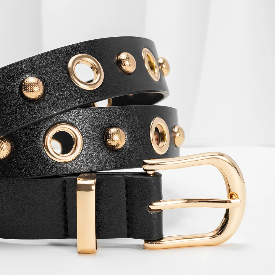 Ceinture femme en cuir PU – Rivets Dorés,Boucle Alliage, Style Fashion