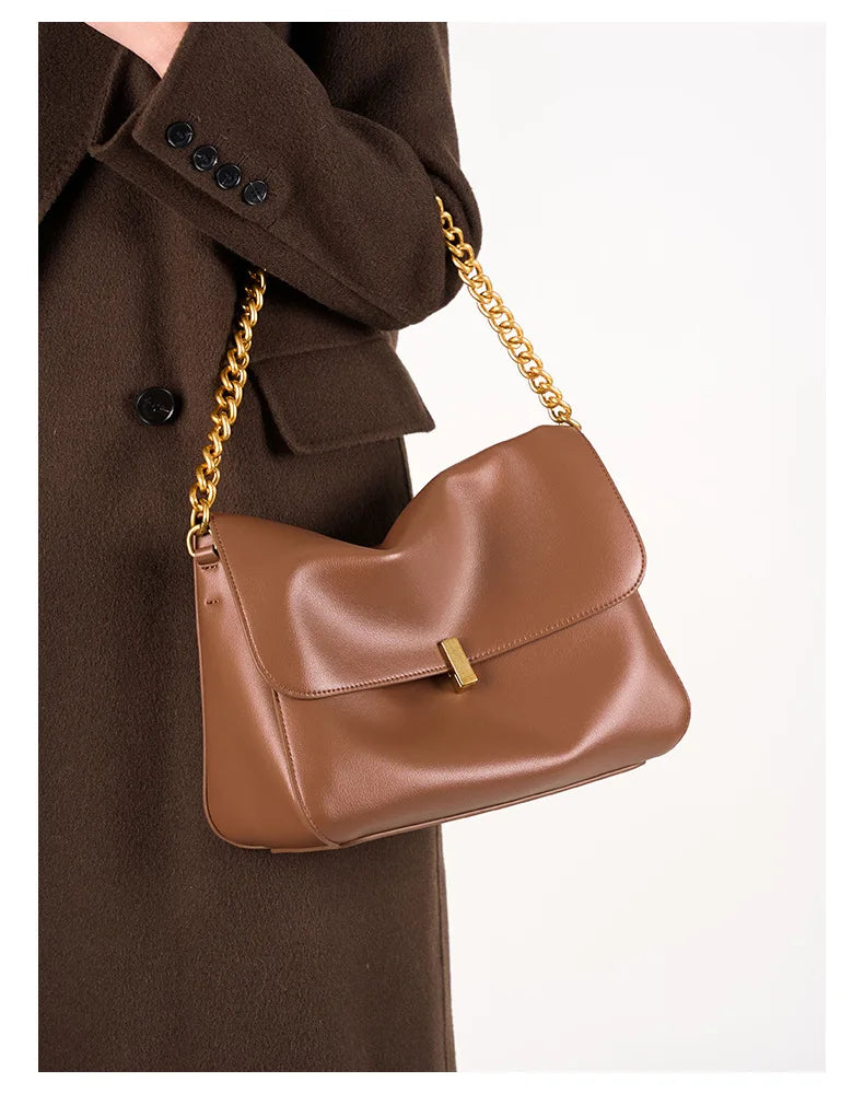 Sac Rabat Cuir Véritable Chaîne Dorée Verrou Flap