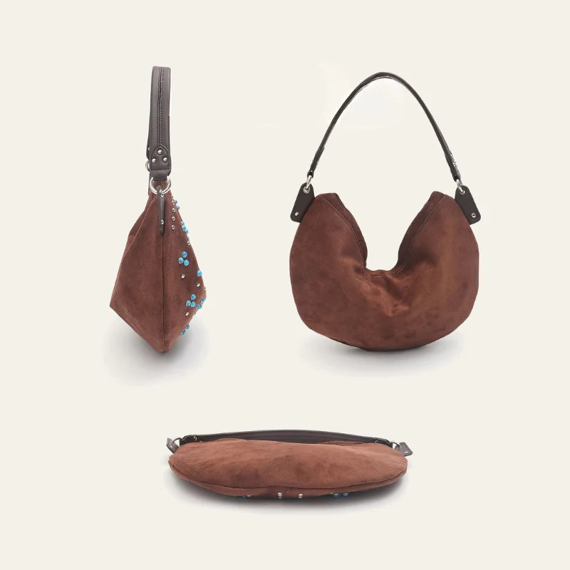 Sac à main demi-lune en daim avec rivets -Style rétro MYNELIA