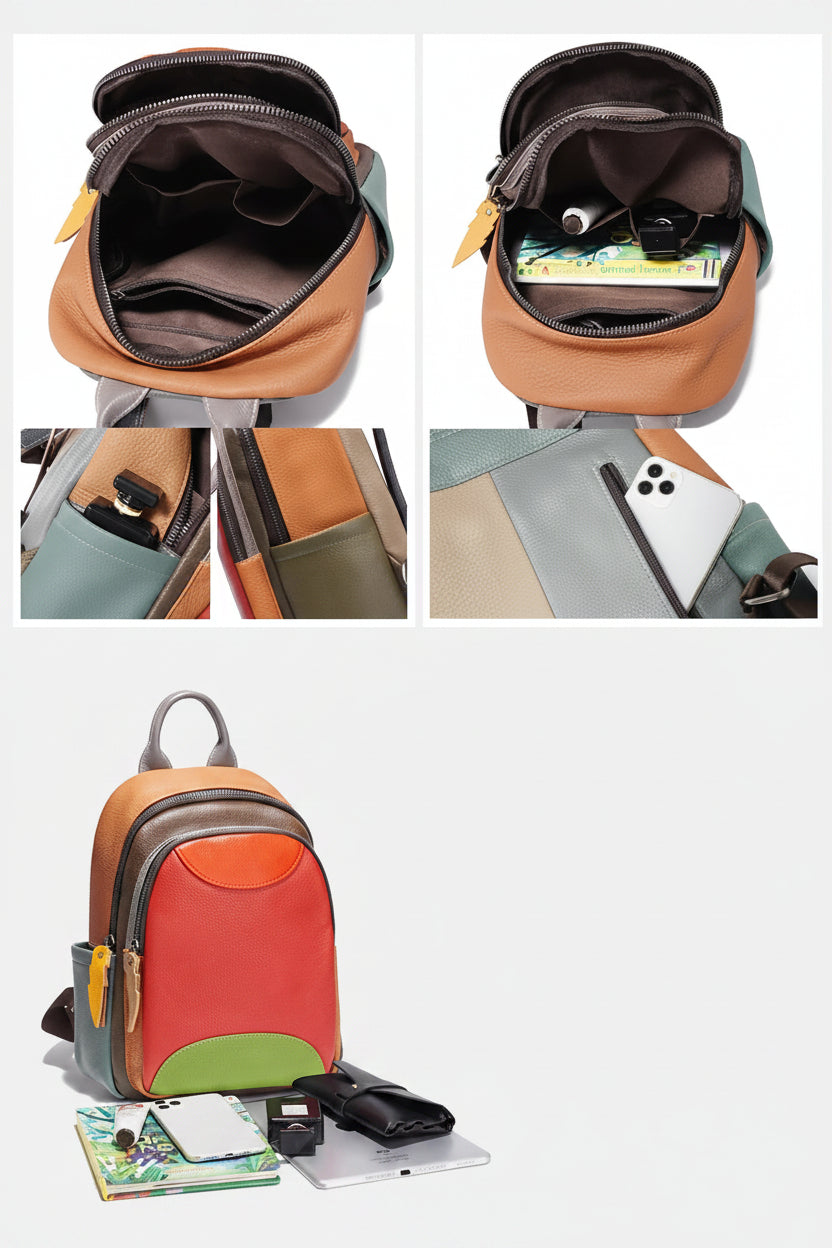 Leder-Patchwork-Rucksack – 7 Fächer & mehrfarbige Edition