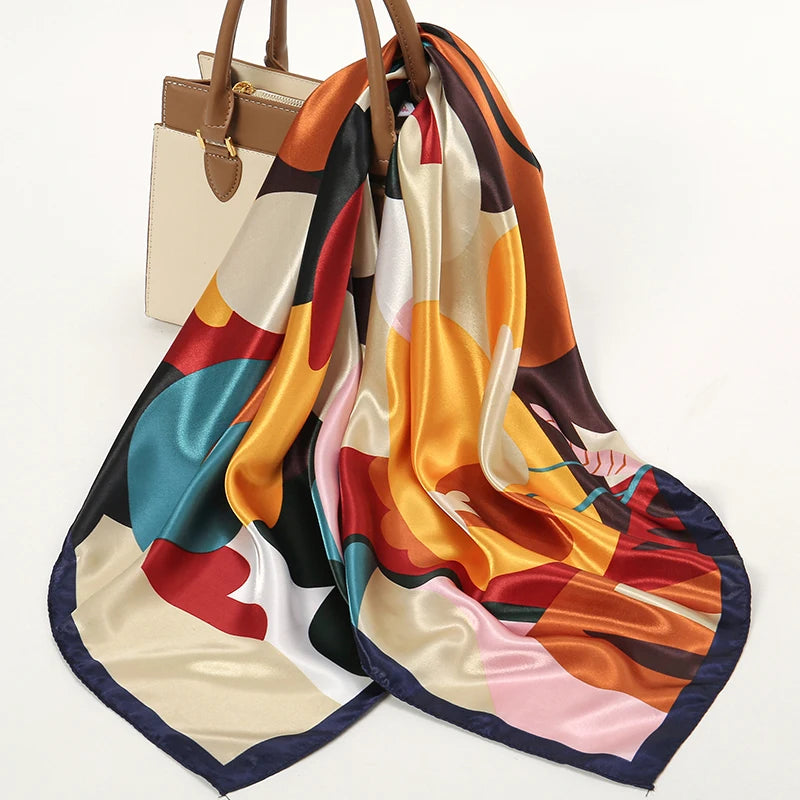 Foulard carré femme en polyester satiné – Motif floral 90 × 90 cm