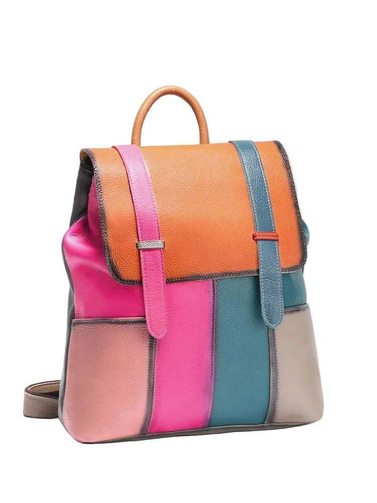 Sac à Dos Cuir Patchwork Multicolore – Grande Capacité & Voyage
