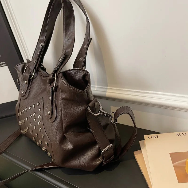 Niet Punk Handtaschen mit großem Fassungsvermögen Hochwertige Robuste Weiche Leder Casual Tragetasche Schulter Umhängetaschen Täglich Pendeln Reisen