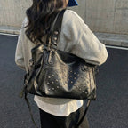 Niet Punk Handtaschen mit großem Fassungsvermögen Hochwertige Robuste Weiche Leder Casual Tragetasche Schulter Umhängetaschen Täglich Pendeln Reisen