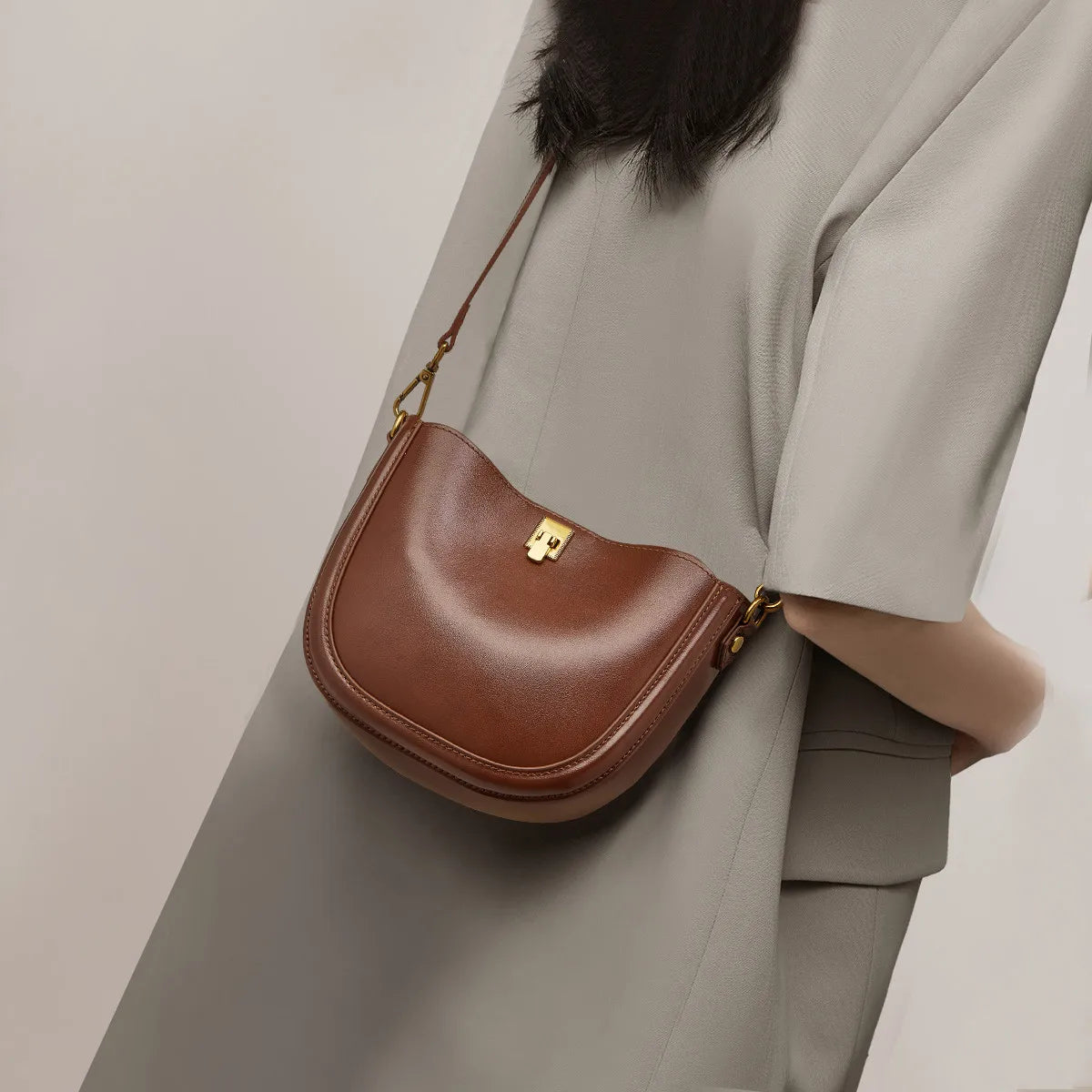 Sac en Cuir Véritable  Rabat Hasp 3 Poches Croisé Vintage