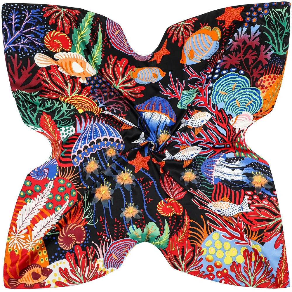 130*130cm 100% Twillseidentuch Frauen Quadratisches Bandana Schal Die Unterwasserwelt Bedruckte Schals Weiblicher Foulard Halstuch