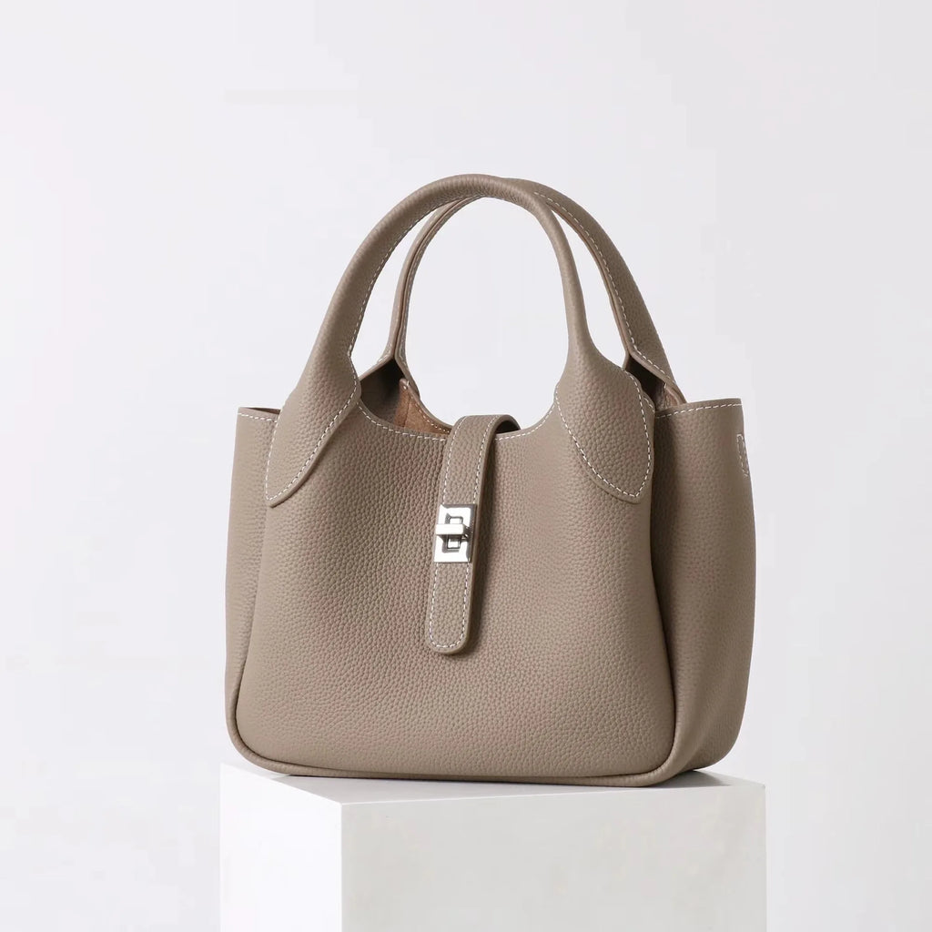 2026 Neue hochwertige Damen-Eimertasche aus Rindsleder, kleine Schulter-Umhängetasche, elegante Pendlerhandtasche für Damen, Grau