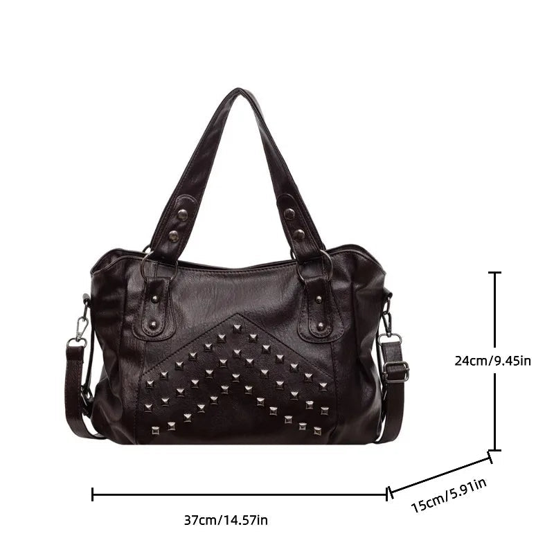 Niet Punk Handtaschen mit großem Fassungsvermögen Hochwertige Robuste Weiche Leder Casual Tragetasche Schulter Umhängetaschen Täglich Pendeln Reisen