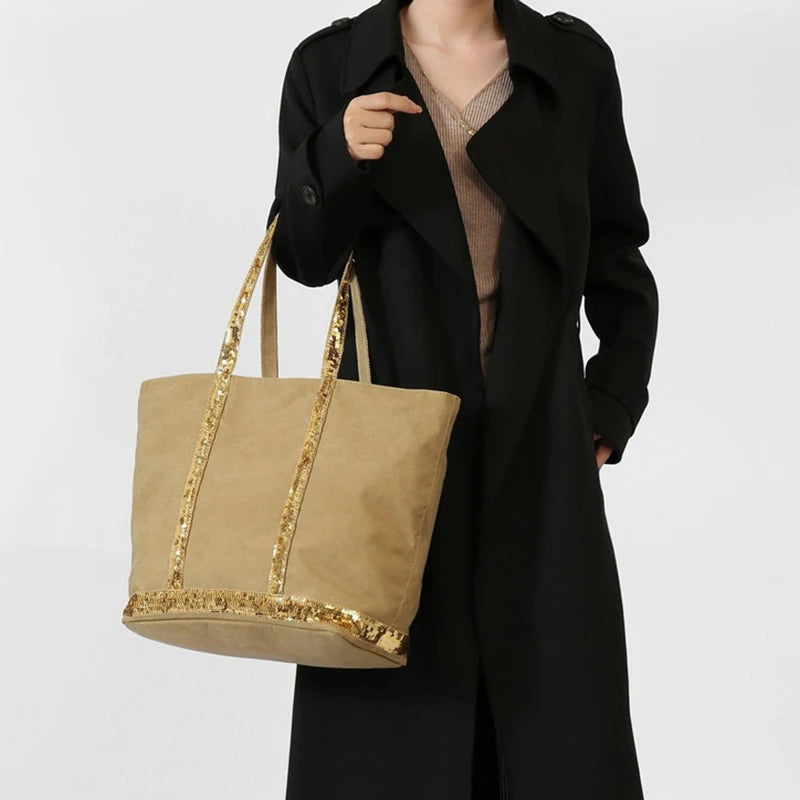 Sac Tote Canvas Sequins Grande Capacité Rétro
