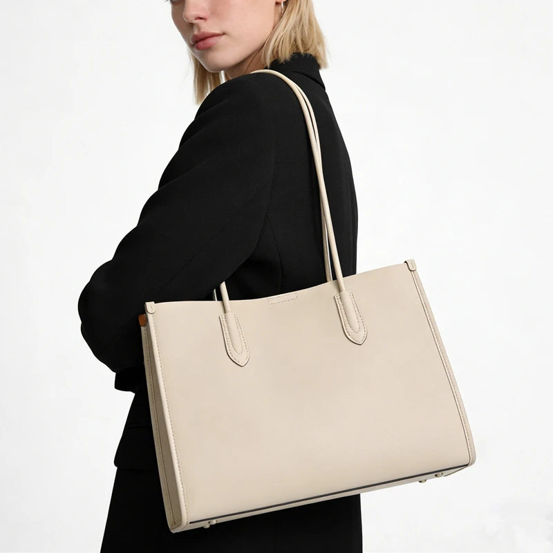 BURMINSA Luxury Genuine Leather Tote Bags For Women Elegant Cowhide Business Commuter Handbags Large Capacity Work Shoulder Bags MYNELIA