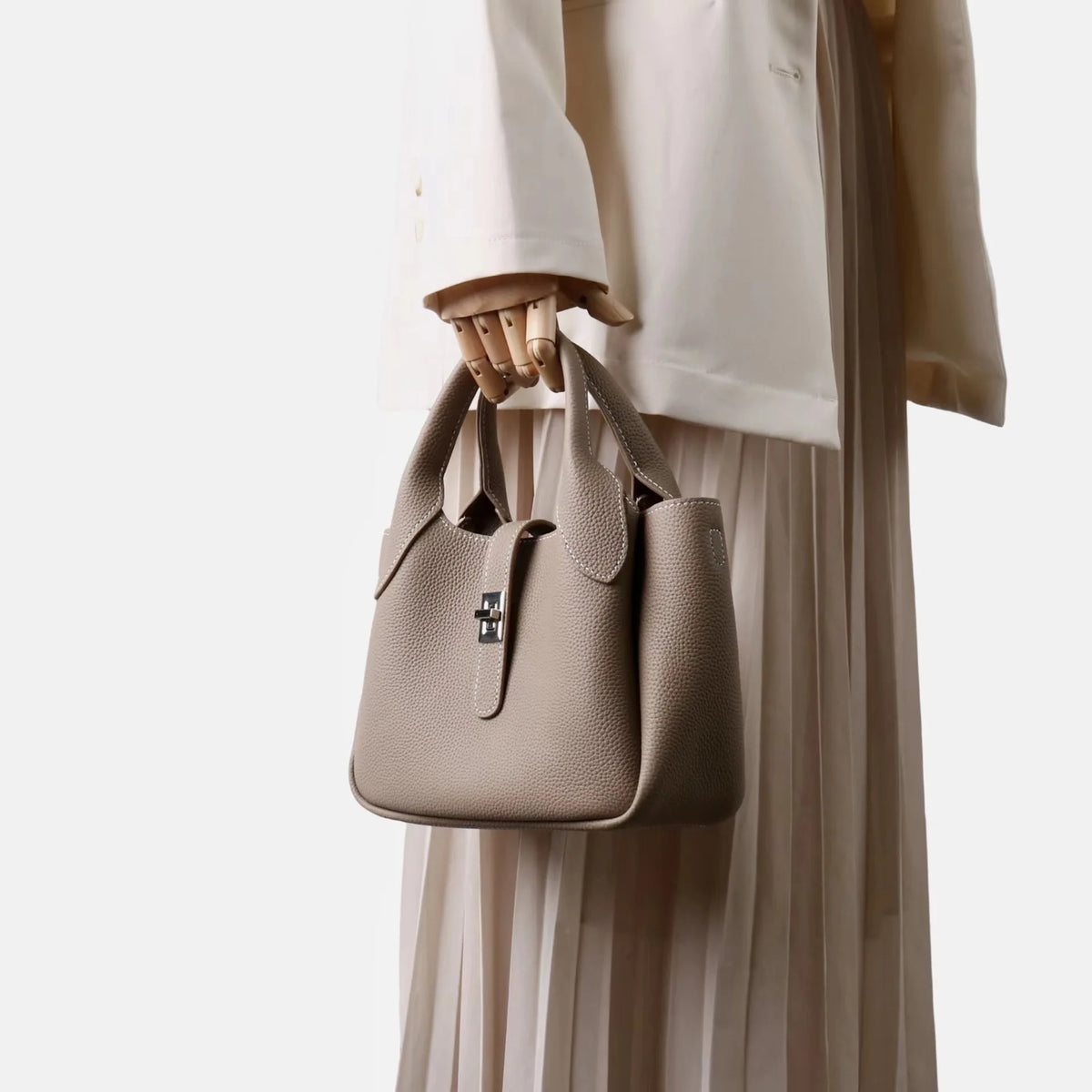 2026 Neue hochwertige Damen-Eimertasche aus Rindsleder, kleine Schulter-Umhängetasche, elegante Pendlerhandtasche für Damen, Grau