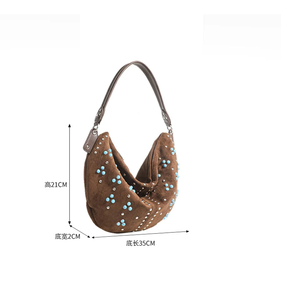 Sac à main demi-lune en daim avec rivets -Style rétro MYNELIA