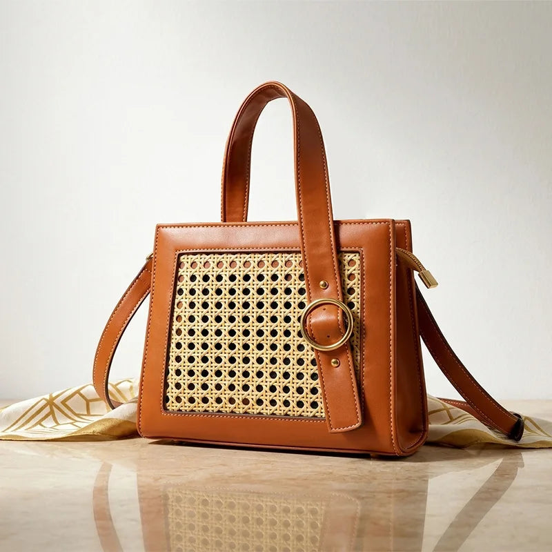 Sac à main tressé  –Bandoulière cuir & osier Style naturel