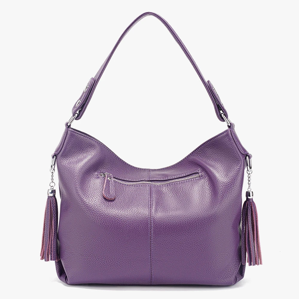 Zency Fashion Soft Real Genuine Leather Tassel Women's Handbag Ladies Shoulder Tote Messenger Hobo Bag Satchel Purple Green MYNELIA