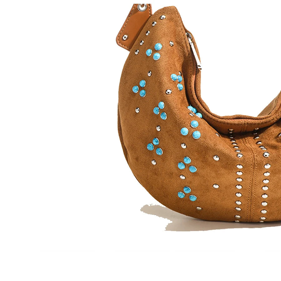 Sac à main demi-lune en daim avec rivets -Style rétro MYNELIA