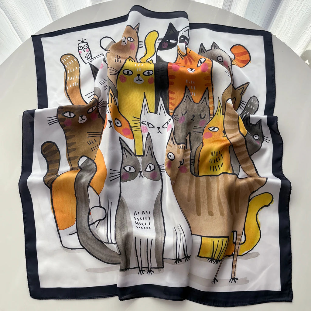 Imitation Seide Quadratischer Schal Frauen Tier Katze Bedruckte Modeaccessoires Haarband Foulard Bandana Halstuch