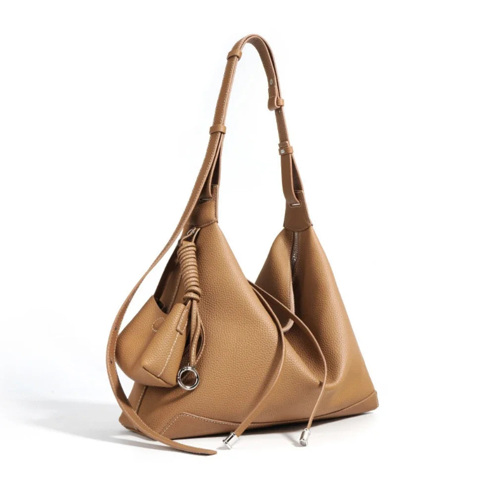 New Ins Chic Designer Large Capacity Commuter Tote First Layer Genuine Cow Leather Women's Handbag Connect with Small Purse MYNELIA
