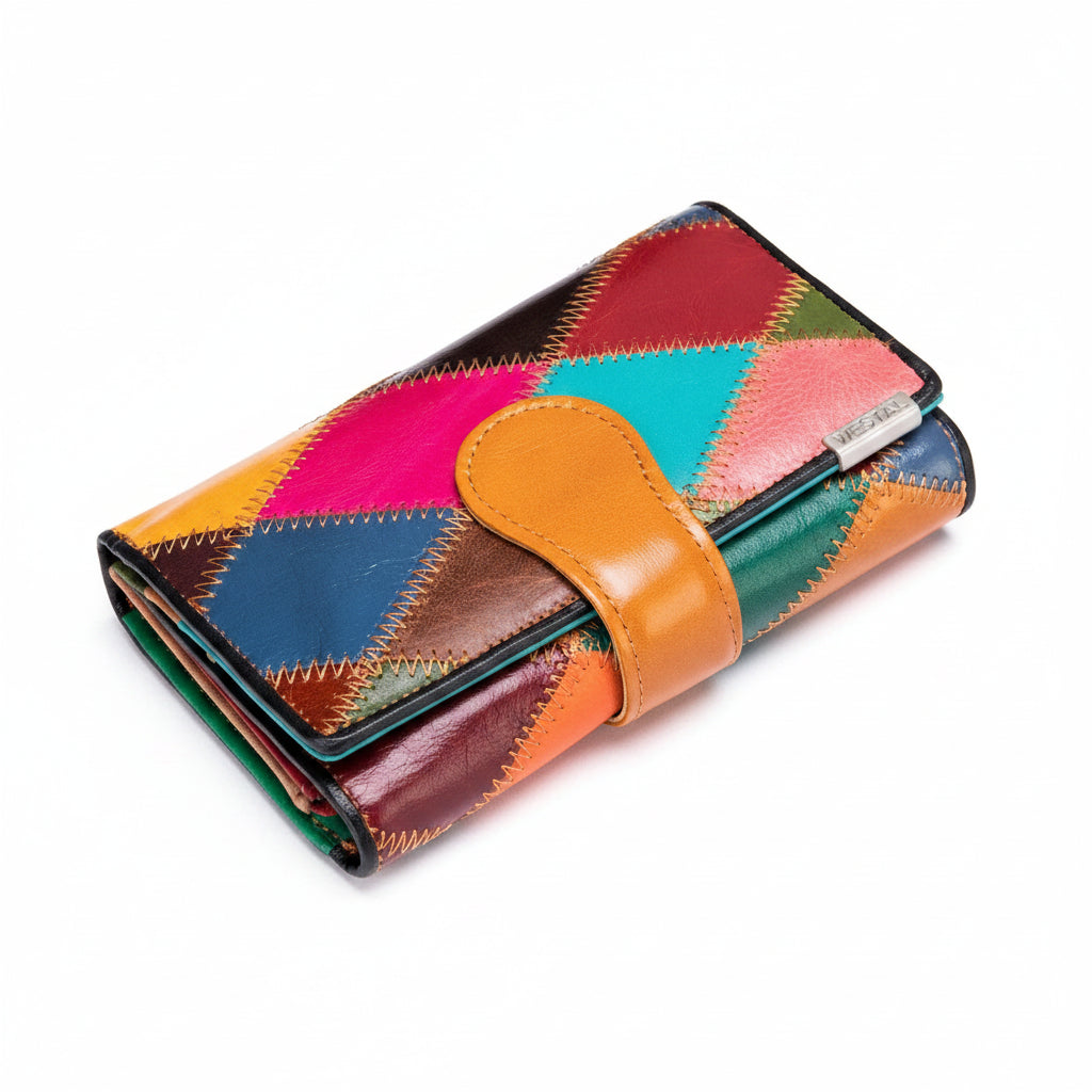 Portefeuille clutch cuir véritable Femme-Patchwork Vintage & Multi-compartiments MYNELIA