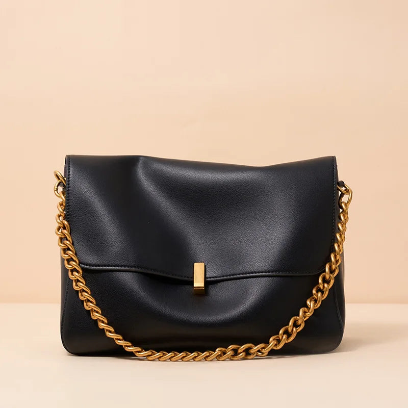 Sac Rabat Cuir Véritable Chaîne Dorée Verrou Flap