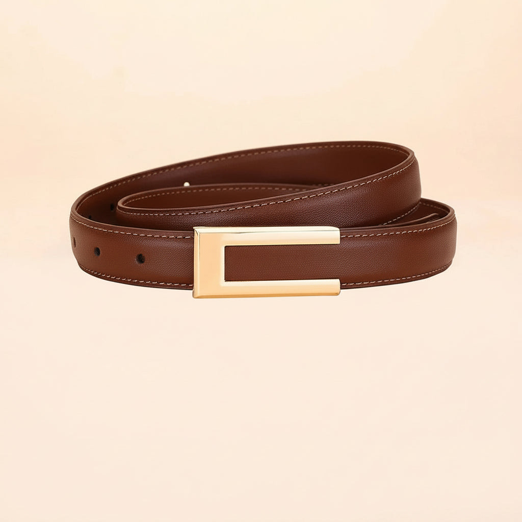 Ceinture Cuir Véritable Boucle Lisse Motif Géométrique