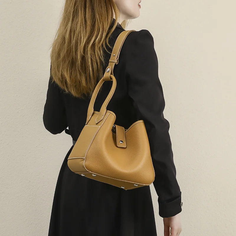 Genuine Leather Women's Shoulder bag niche design fashion lady's basket bag soft cowhide bucket bag handbag for women MYNELIA