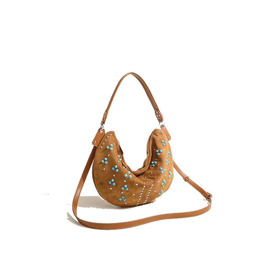 Sac à main demi-lune en daim avec rivets -Style rétro MYNELIA