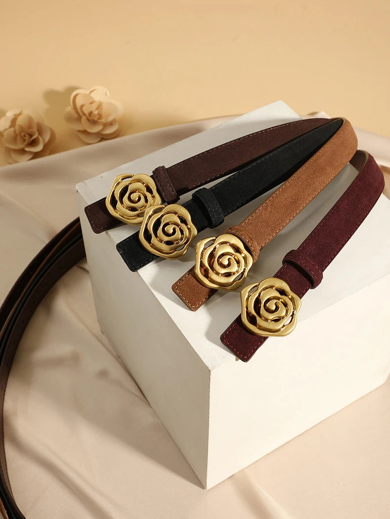 Ceinture fine cuir Femme – Boucle fleur dorée