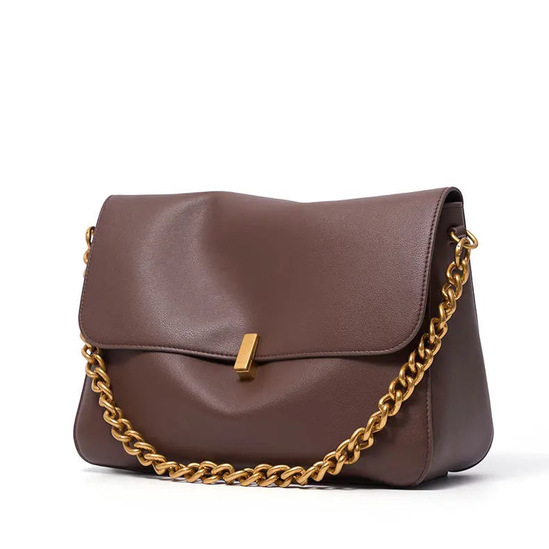 Sac Rabat Cuir Véritable Chaîne Dorée Verrou Flap