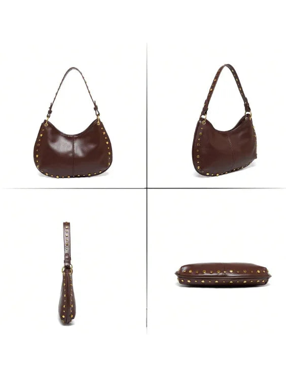 Sac bandoulière femme brun en cuir PU à rivets