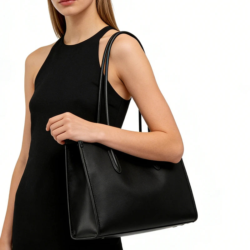 BURMINSA Luxury Genuine Leather Tote Bags For Women Elegant Cowhide Business Commuter Handbags Large Capacity Work Shoulder Bags MYNELIA