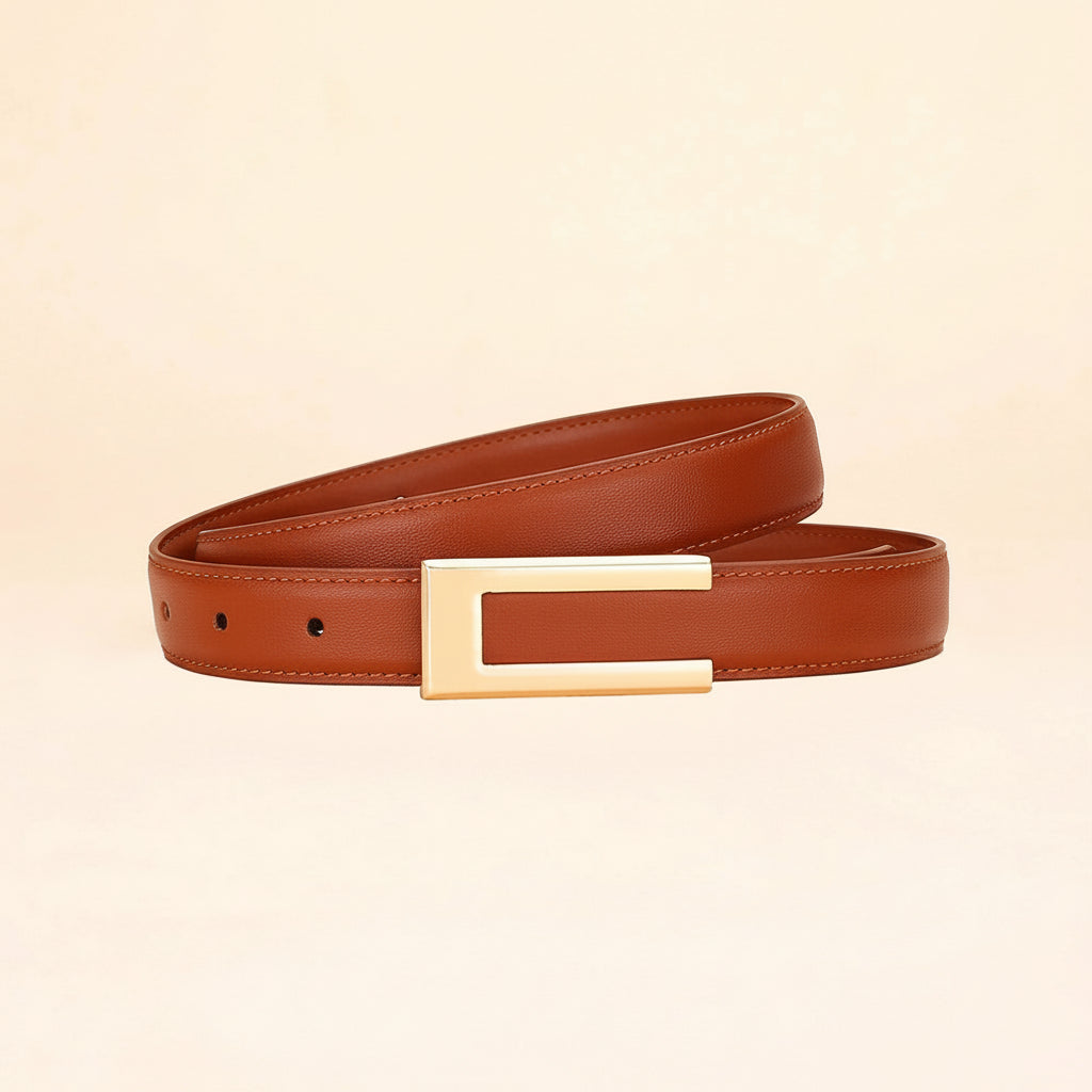 Ceinture Cuir Véritable Boucle Lisse Motif Géométrique