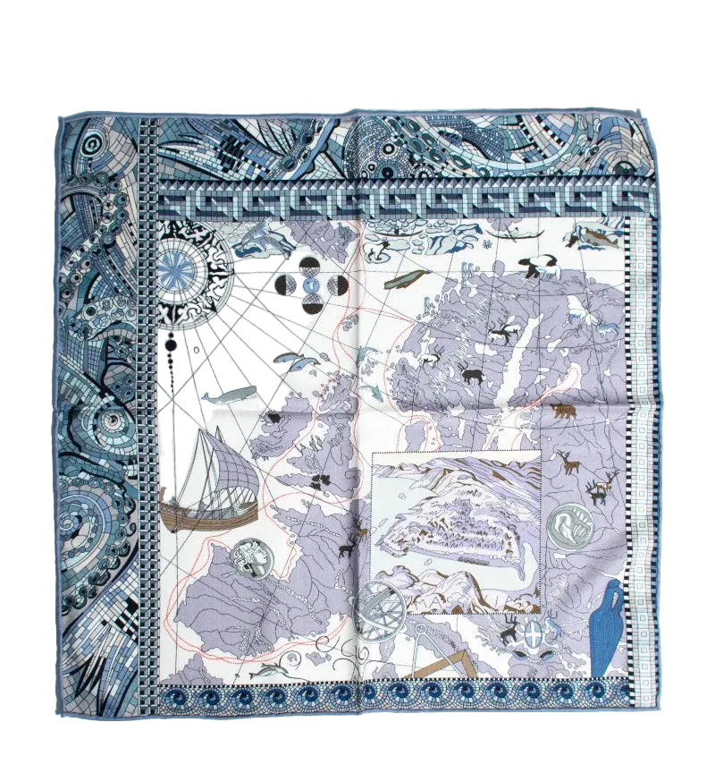 Retro Explorer Map Print Square Scarf 30% Silk 70% Wool Herringbone Texture Warm Shawl for Women Luxury Fashion Accessory MYNELIA